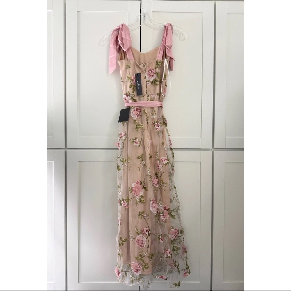 Lulu's Nude/Pink Floral Tie Strap Midi Dress Prom Wedding Guest Party Formal NEW - Picture 6 of 16
